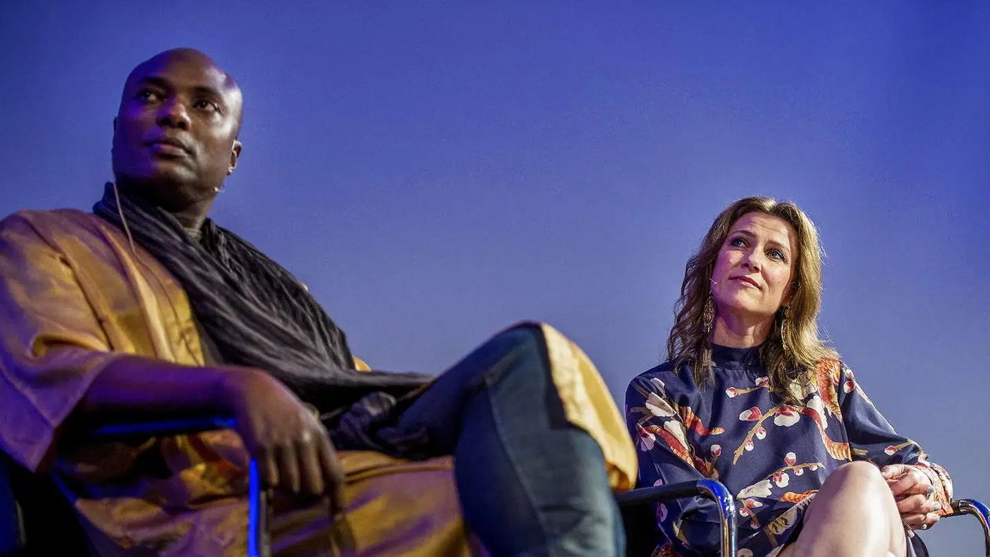 Durek Verrett og prinsesse Märtha Louise i forbindelse med deres foredrag 'The princess and the shaman'. EPA/Carina Johansen NORWAY OUT