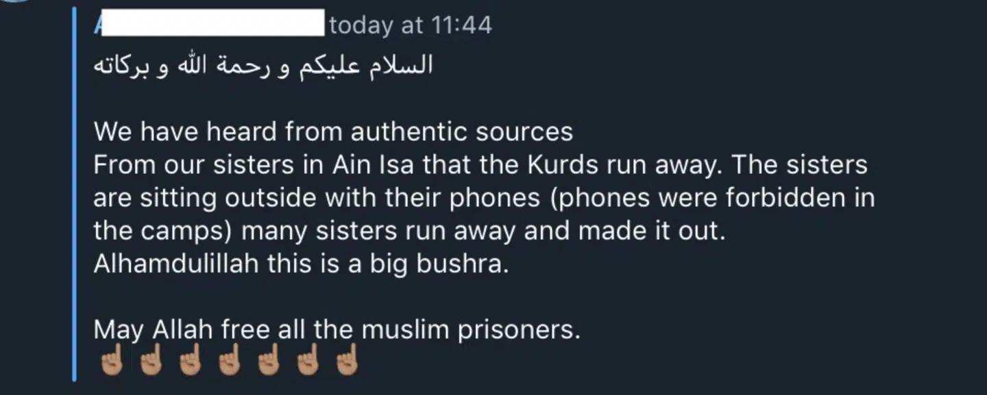 Besked fra IS-venligt chatforum på Telegram. I mange beskeder hylder sympatisører fangeflugten som en sejr for Islamisk Stat.