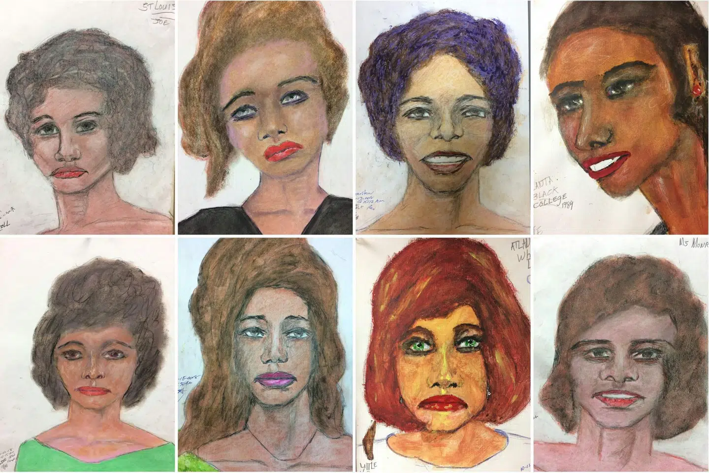 Denne kombination af tegninger fra februar 2019 viser 16 nylige tegninger offentliggjort af FBI, som skulle vise en del af de kvinder, som den 79-årige Samuel Little siger, at han har dræbt. FBI knytter den 79-årige mand til drab på mindst 50 mennesker. Han hævder selv, at han har stået bag 93 drab i perioden fra 1970 til 2005. Ho/Ritzau Scanpix