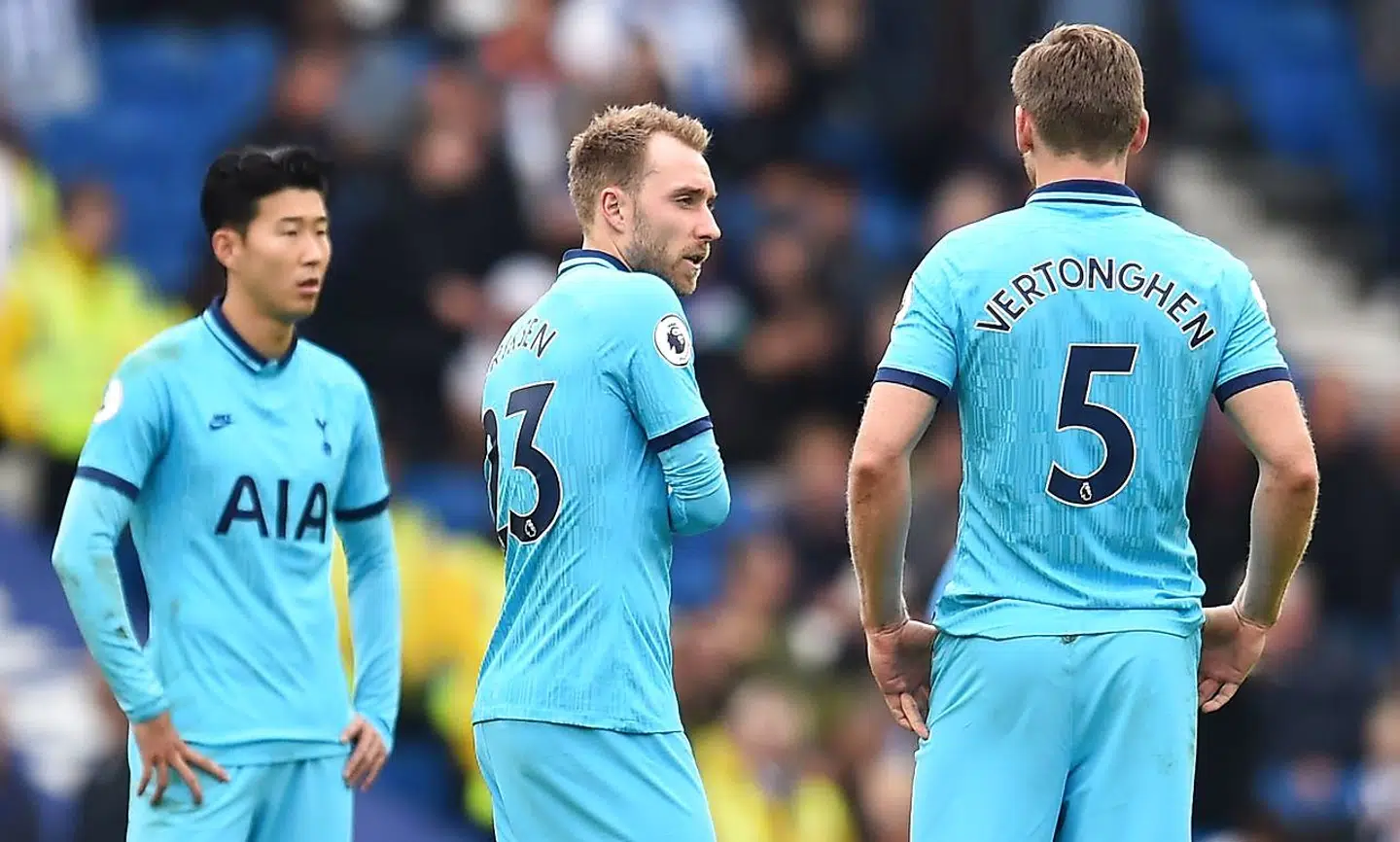 Mismod blandt Son Heung-min, (tv.), Christian Eriksen og Jan Vertonghen (th.) i lørdagsdukkerten mod Brighton.