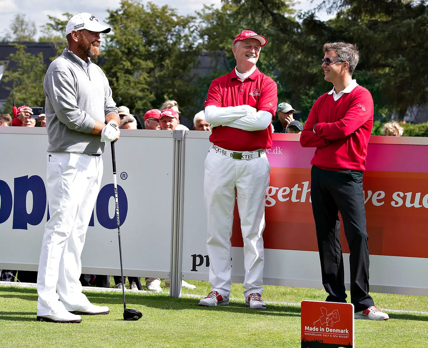 Lars Larsen var også vild med golf. Her ses han sammen med kronprins Frederik og Thomas Bjørn.