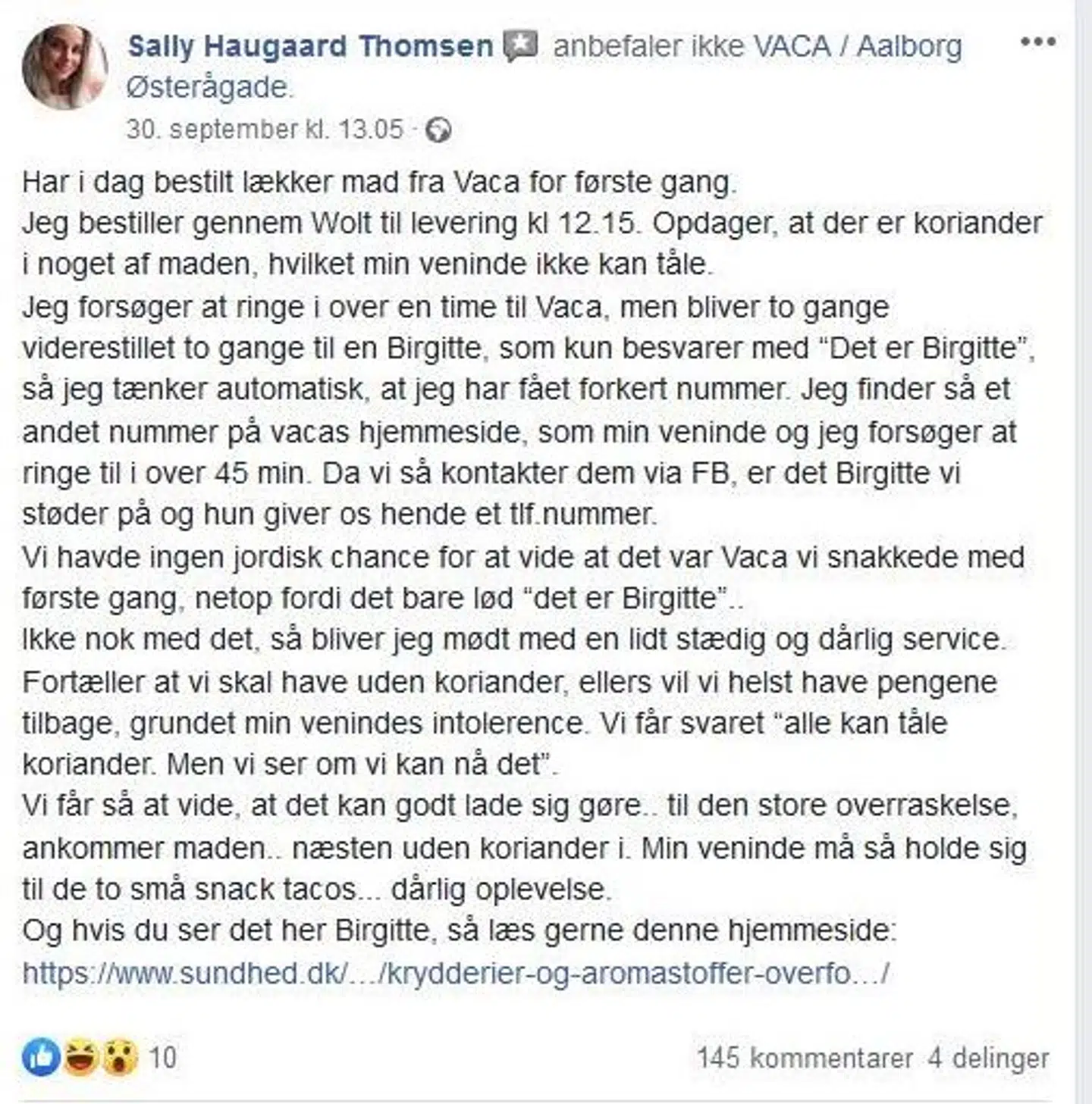 Her kan du se opslaget på Vacas Facebook-side, der udløste en heftig debat.