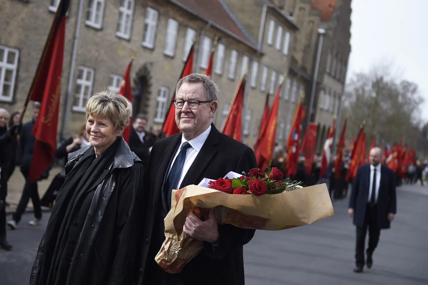 Lone Dybkjær deltog i 2016 i bisættelsen af den tidligere socialdemokratiske statsminister Anker Jørgensen. Her ses hun med sin mand, tidligere statsminister Poul Nyrup. (Arkivfoto) Liselotte Sabroe/Ritzau Scanpix
