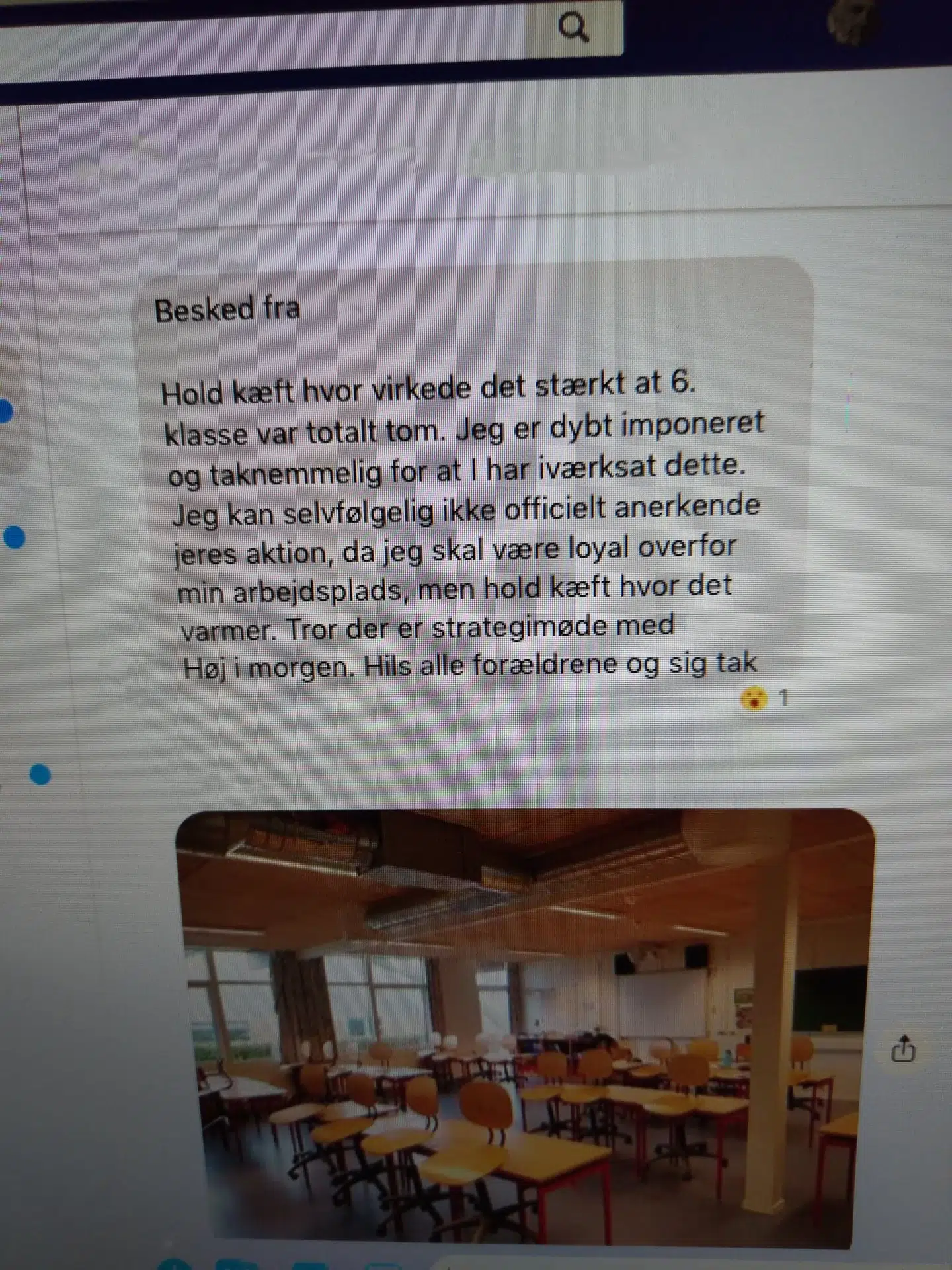 Besked fra læreren i en Messenger-tråd med forældrene til eleverne i 6. klasse. Forældrene aftaler i tråden at holde deres børn hjemme, fordi de ikke længere ønsker de to børn i klassen, hvis mødre har klaget over læreren.