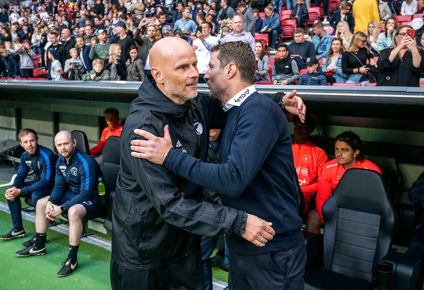 Ståle Solbakken, manager FC København og Brian Priske, ass. træner FC Midtjylland, under superligakampen mellem FC København og FC Midtjylland i Telia Parken i København søndag den 22. september 2019.