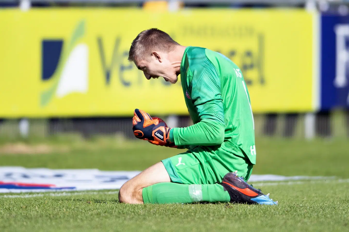 Hobros målmand Jesper Rask reddede et straffespark i kampens sidste minut mod Sønderjyske. Henning Bagger/Ritzau Scanpix