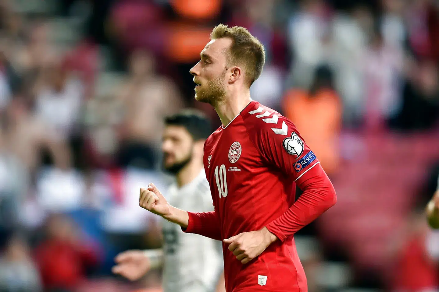Christian Eriksen jubler efter sin scoring til 2-1 i EM-kvalifikationkampen mellem Danmark og Georgien i Telia Parken, mandag den 10. juni 2019. (Foto: Liselotte Sabroe/Ritzau Scanpix)