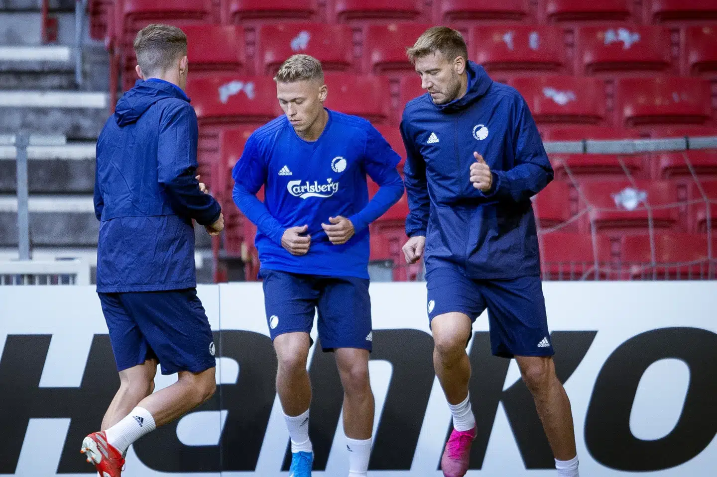 Viktor Fischer og Nicklas Bendtner træner onsdag forud for torsdagens opgør mod FC Lugano fra Schweiz. Liselotte Sabroe/Ritzau Scanpix