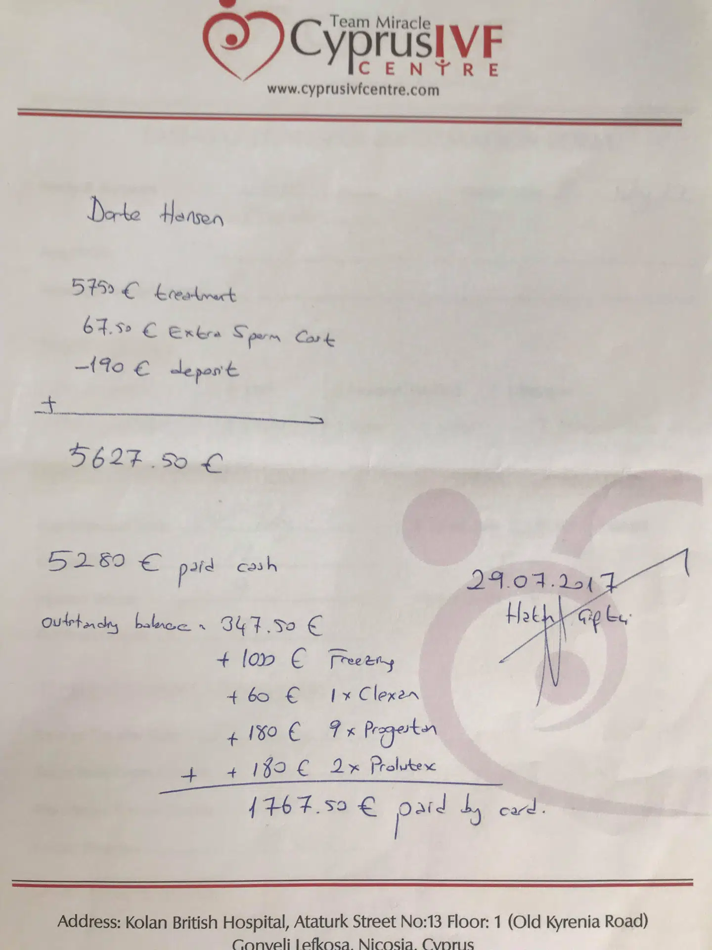 Fakturaen, der dokumenterer, at Dorte Hansen den 29. juli 2017 betalte 1.000 euro for at få frosset fire befrugtede æg ned.