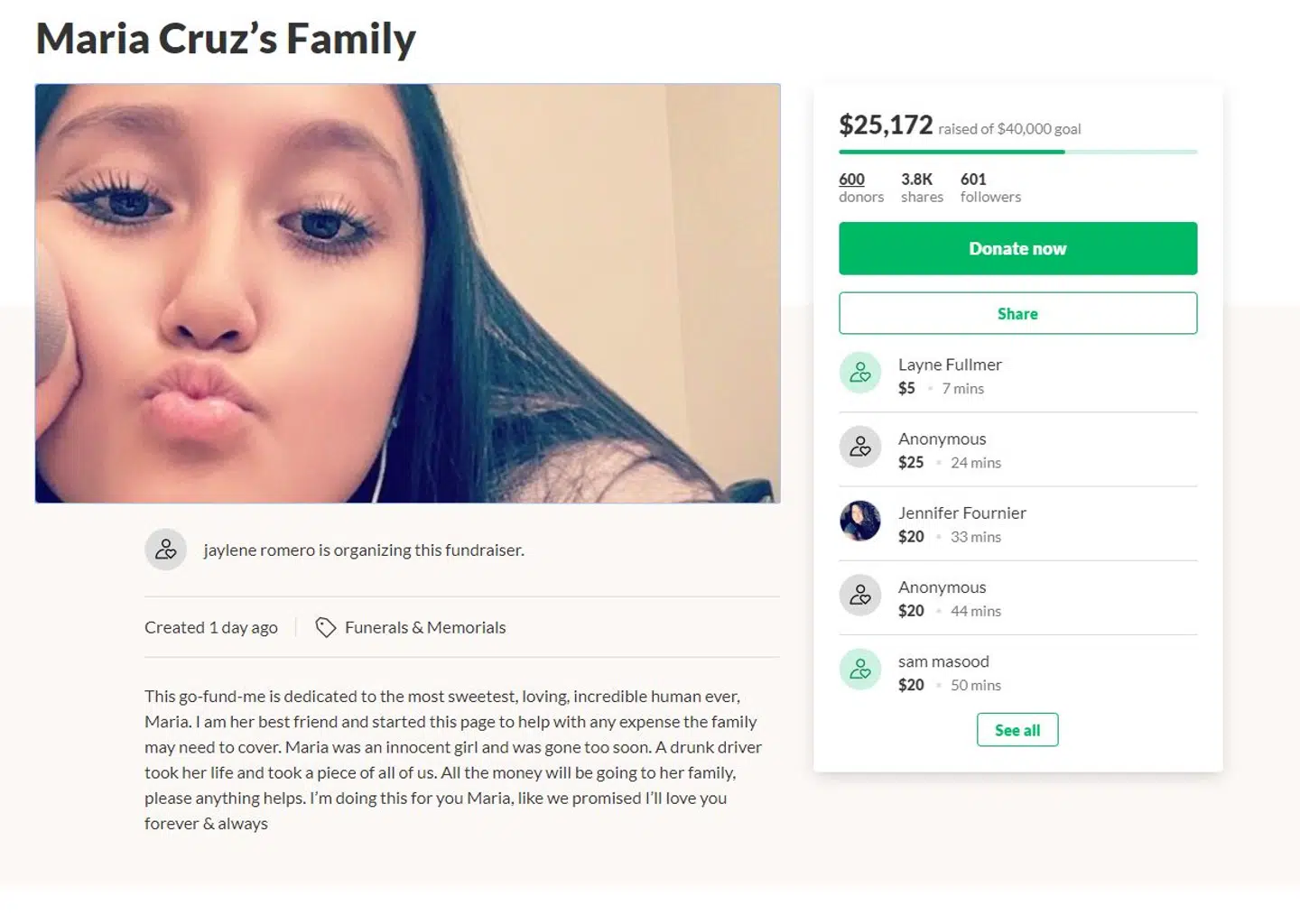 Gofundme-indsamlingen for Maria Elena Cruz er nået over 25.000 dollars.