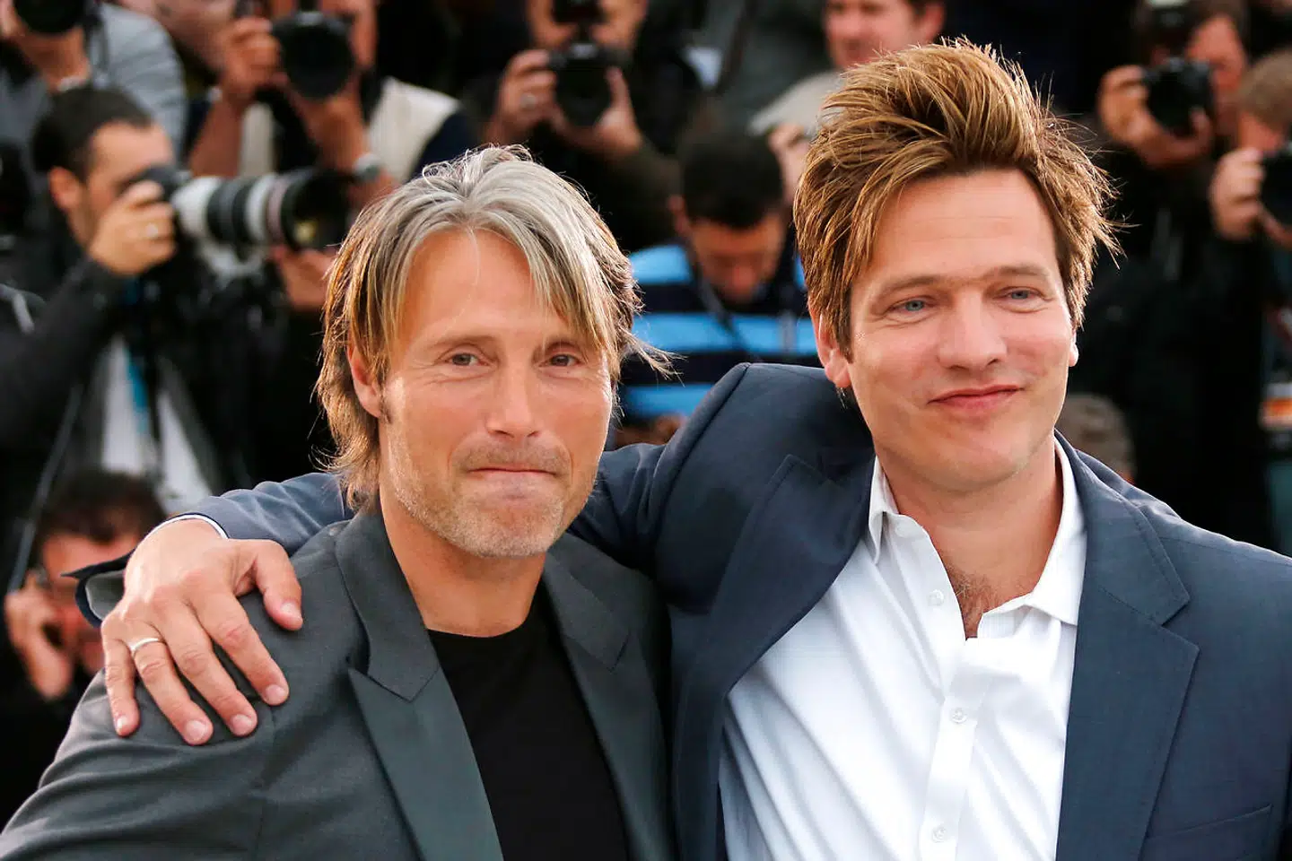Mads Mikkelsen og Thomas Vinterberg, da de var i Cannes med 'Jagten'. Deres nye film 'Druk' har et budget på 33,5 millioner kroner.
