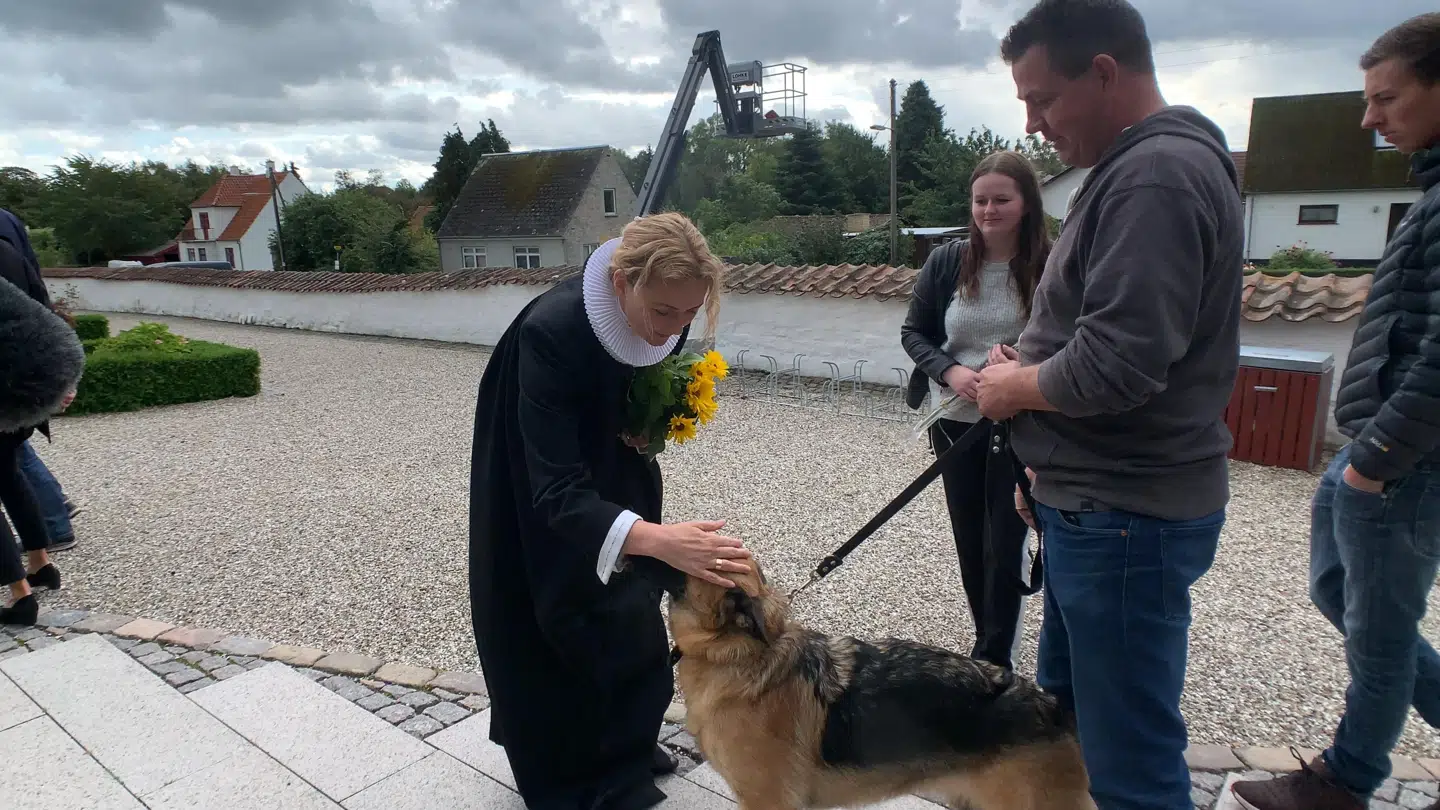Selvom de mange gæster til bisættelsen var ukendte for Carl-Johan Petersens bedste ven, schæferhunden Aika, tog hun pænt imod dem.