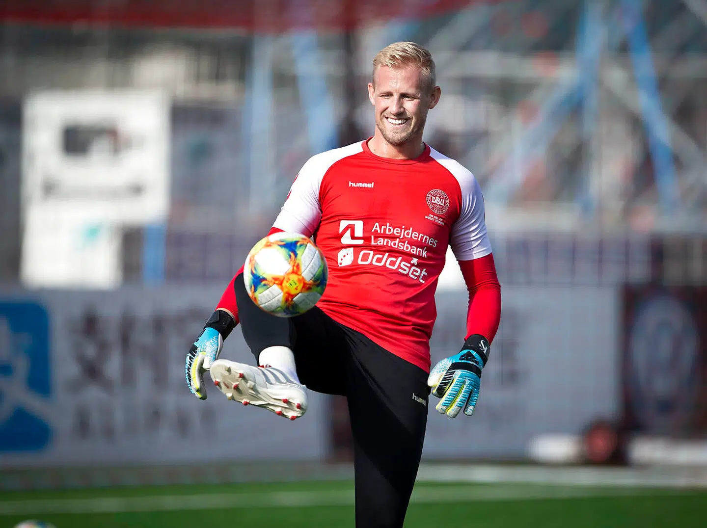 Kasper Schmeichel ved træningen på Victoria Stadium Gibraltar, onsdag den 4 september 2019