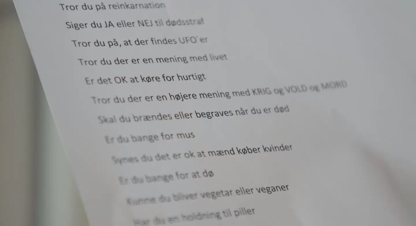 Uddrag af den lange liste af spørgsmål, som Susan Ekbergs dates skal svare på.