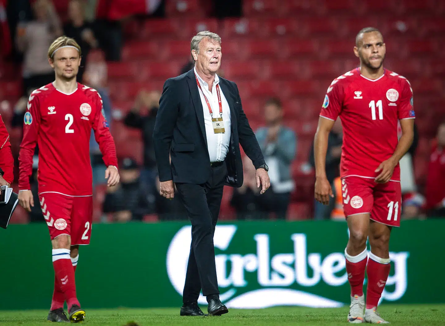 Danmarks Landstræner Åge Hareide, Peter Ankersen og Martin C. Braithwaite efter EM-kvalifikationkampen mellem Danmark - Georgien i Telia Parken, mandag den 10 juni 2019.. (Foto: Liselotte Sabroe/Ritzau Scanpix)