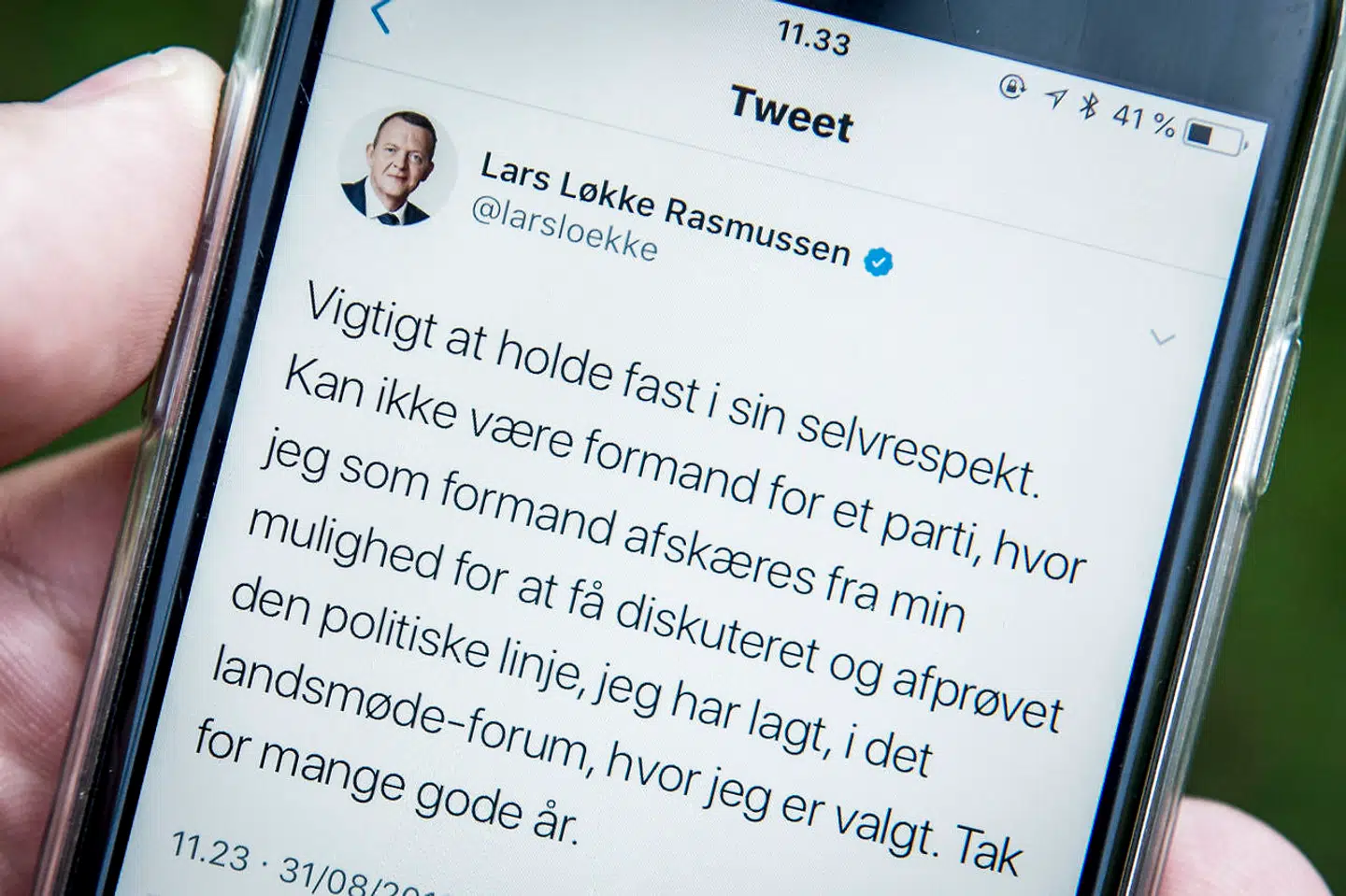 Lars Løkke Rasmussen valgte ikke at stille op til interview om sin afgang, men udsendte i stedet dette tweet om årsagen til sin afgang som formand. (Foto: Mads Claus Rasmussen/Scanpix 2019)