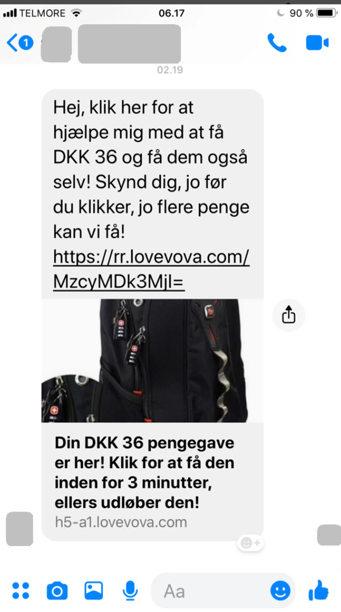 Her er et eksempel på en besked, der bliver sendt rundt på de sociale medier. Trykker du først på linket, vil du også selv sende beskeden videre.