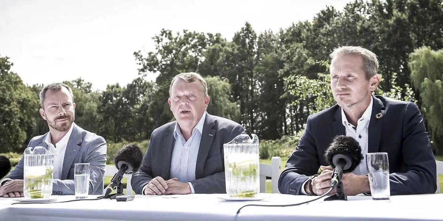 Jakob Ellemann-Jensen, Lars Løkke Rasmussen og Kristian Jensen under Venstres pressemøde i forbindelse med sommergruppemødet på Kragerup Gods ved Ruds Vedby den 9. august. (Foto: Mads Claus Rasmussen/Ritzau Scanpix)