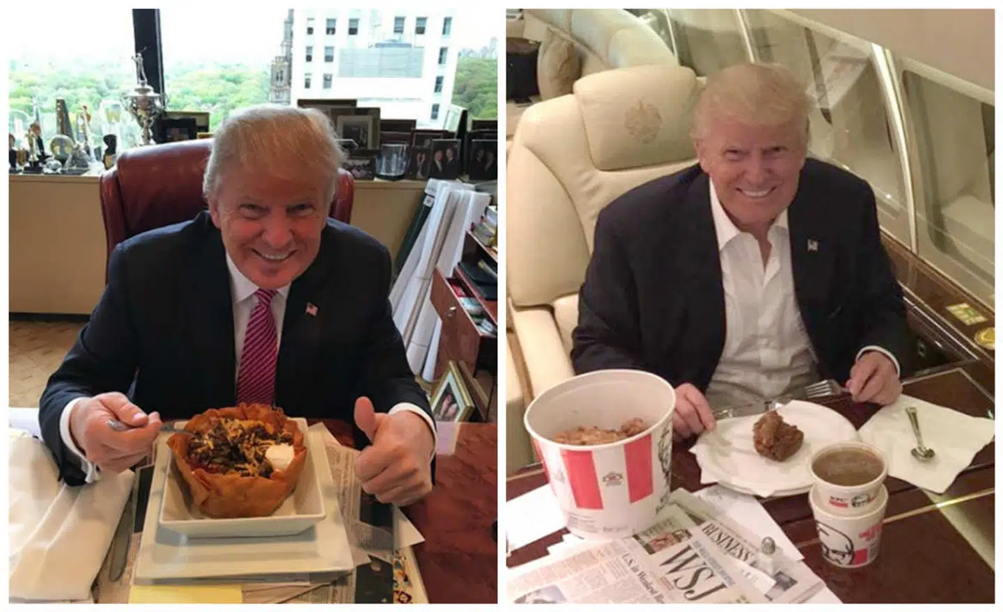 Der siges meget om den amerikanske præsident. Men ingen kan kalde Donald Trump for en 'mad-snob'. Her poserer præsidenten med to af sine favoritter, Kentucky Fried Chicken og en såkaldt 'Taco bowl' fra Taco Bell.