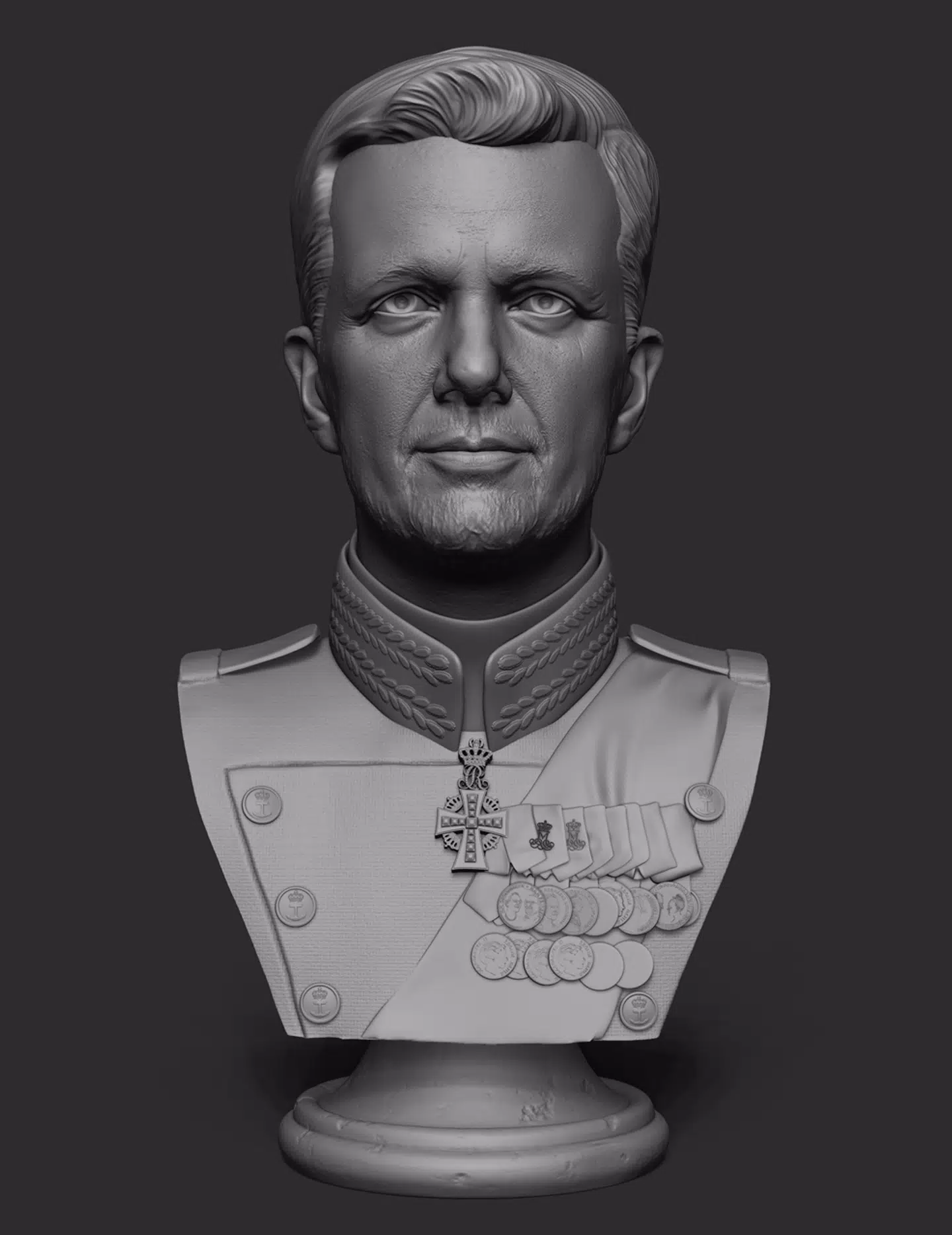 Jim Lyngvilds foreløbige 3D-model af den kommende kronprins Frederik-buste.