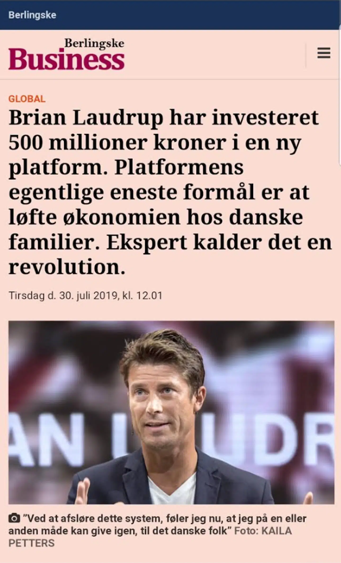 Brian Laudrup bliver misbrugt i i reklamer for et bitcoin-firma, der med stor sandsynlighed er ren svindel. Her er det fra en annonce, som ligner en artikel fra Berlingske Business.