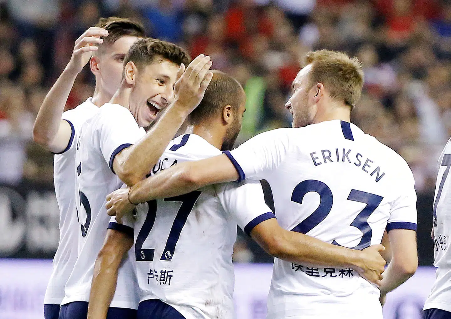 Christian Eriksen fejrer en scoring af Lucas Moura under en træningskamp mod Manchester United den 25. juli 2019.