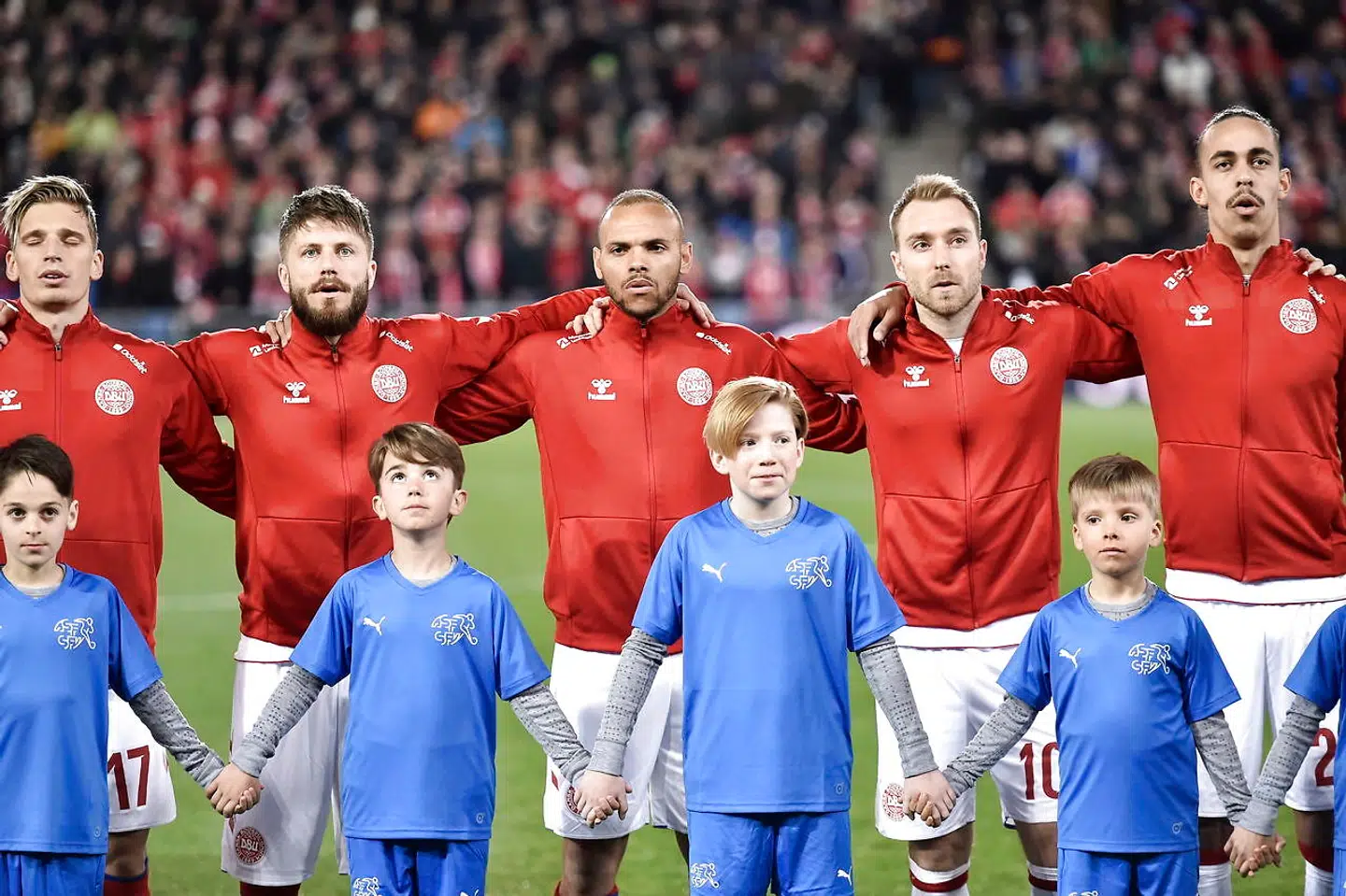 Lasse Schöne, Martin Braithwaite, Christian Eriksen og Mathias Jørgensen. EM kvalifikationskamp mellem Schweiz og Danmark på St. Jakobs Park i Basel i Schweiz, tirsdag den 26. marts 2019. (Foto: Mads Claus Rasmussen/Scanpix 2019)
