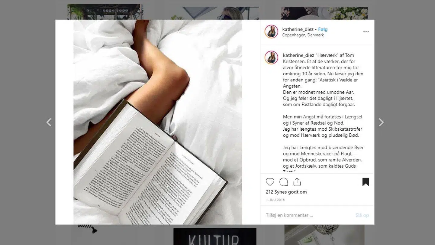 I juli 2016 skriver Katherine Diez på Instagram, at hun første gang havde læst Tom Kristensens Hærværk omkring ti år forinden.