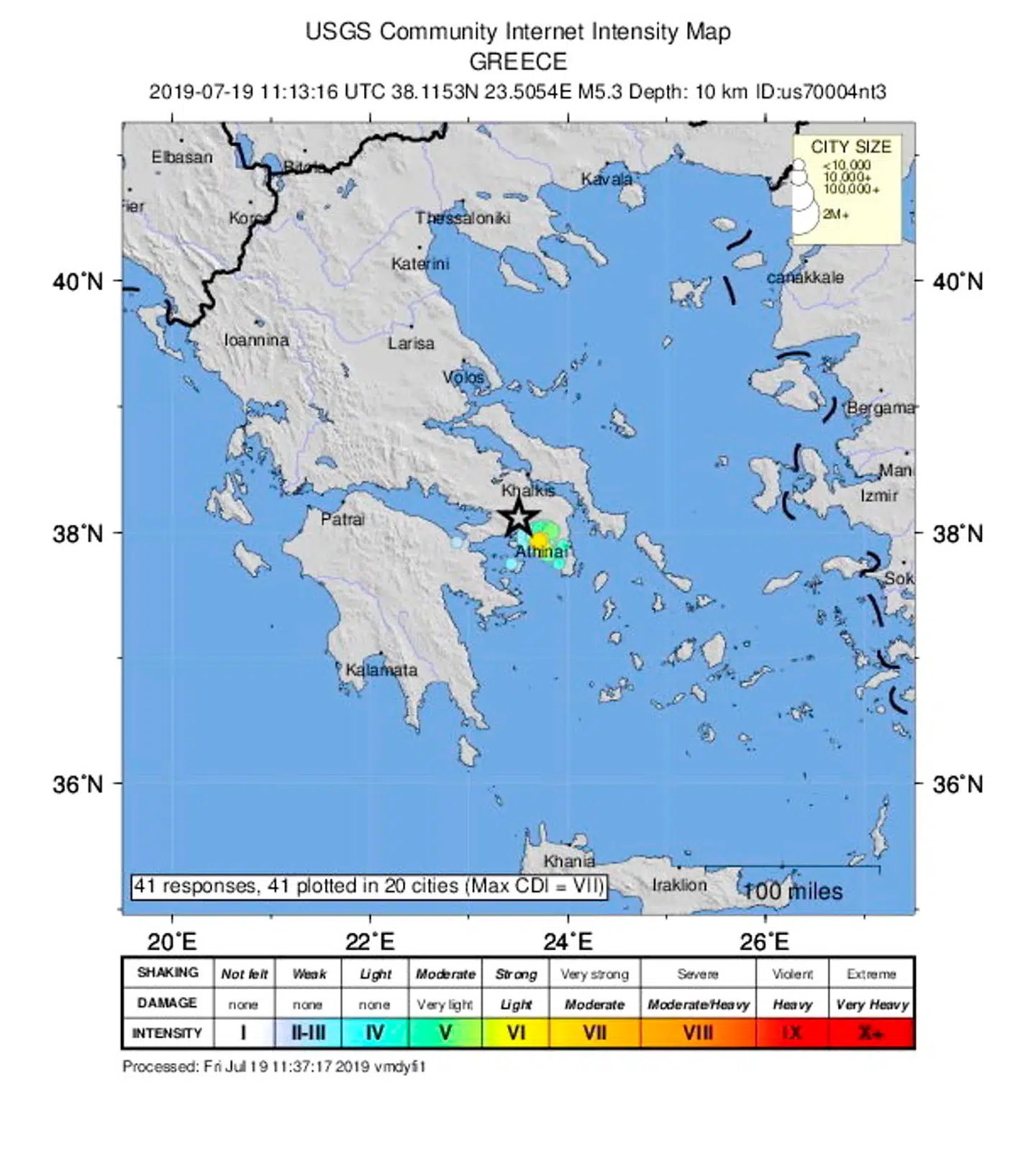 epa07726769 A handout photo made available by the US Geological Survey shows an intenstiy map of an 5.3-magnitude earthquake near Magoula, Greece, 19 July 2019. The epicenter of the earthquake was recorded at 10 kiilometers breath. EPA/USGS / HANDOUT HANDOUT EDITORIAL USE ONLY/NO SALES