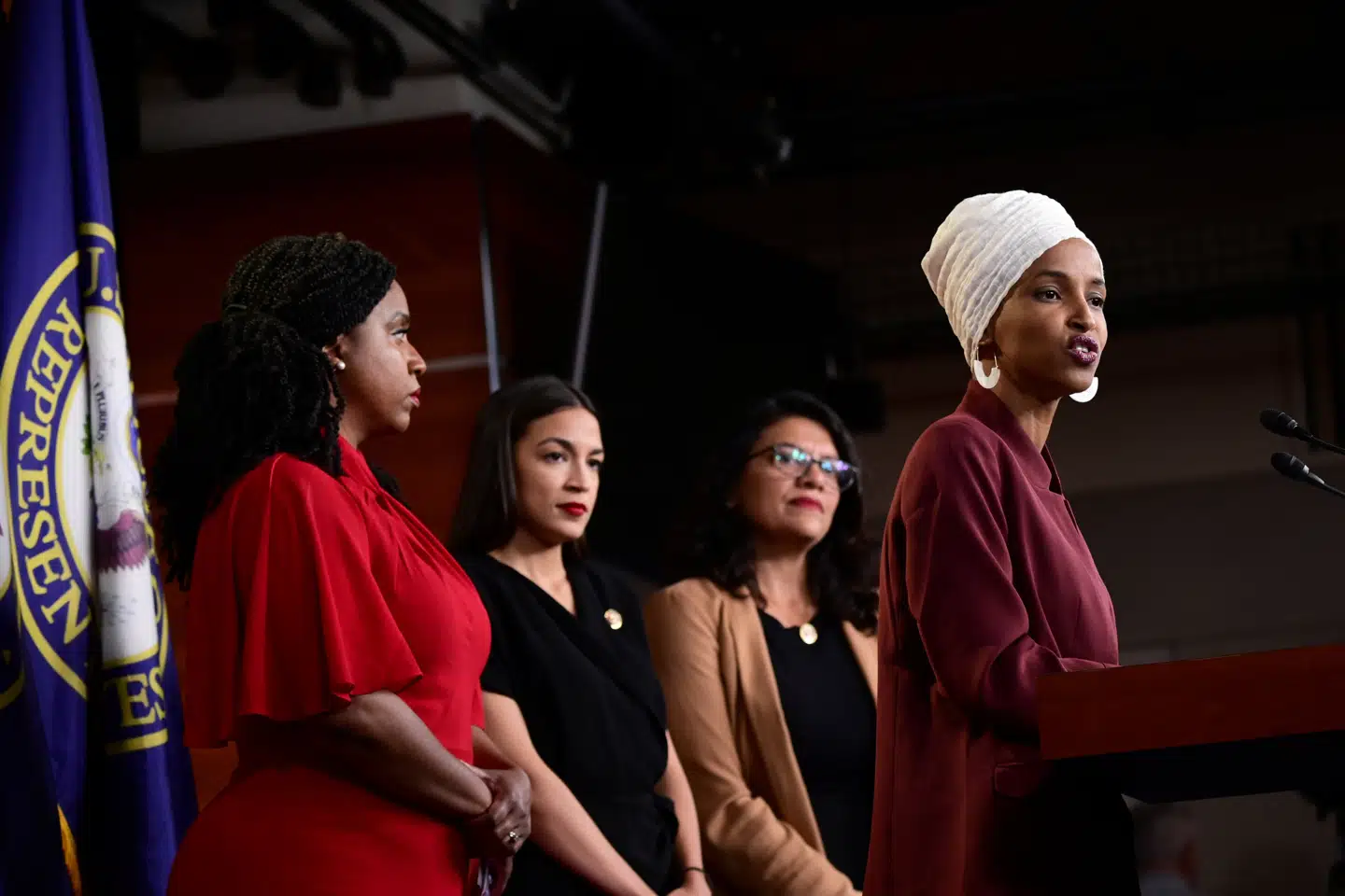 Donald Trump har siden søndag været i strid med de fire kvindelige kongresmedlemmer (fra venstre mod højre) Ayanna Pressley, Alexandria Ocasio-Cortez, Ilhan, Rashida Tlaib og Ilhan Omar. Erin Scott/Reuters