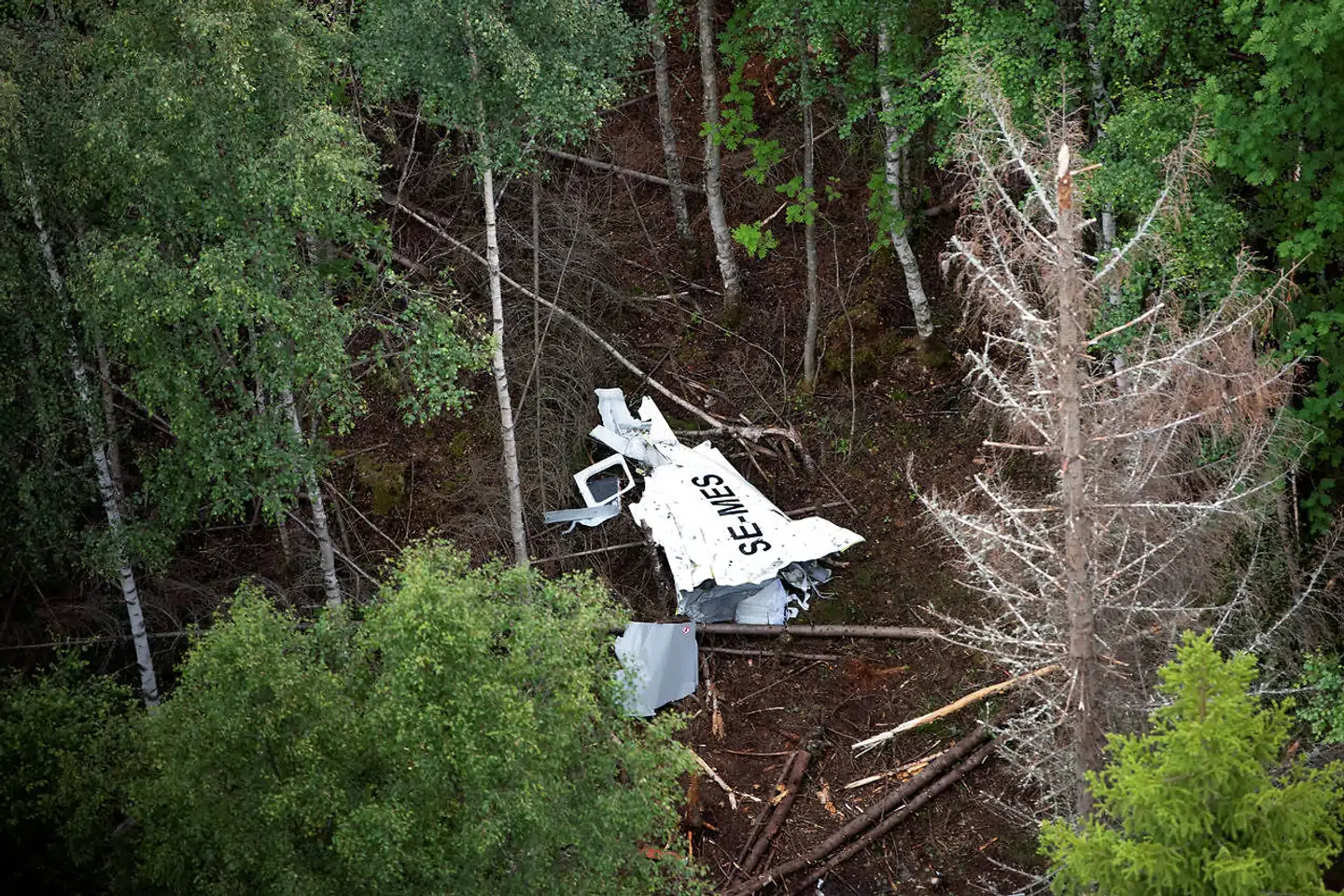 Wreckage of the skydiving GippsAero Airvan aircraft lies in the wood on Storsandskar island in Ume river, outside Umea, Sweden July 15, 2019. TT News Agency/Erik Abel via REUTERS ATTENTION EDITORS - THIS IMAGE WAS PROVIDED BY A THIRD PARTY. SWEDEN OUT.NO COMMERCIAL OR EDITORIAL SALES IN SWEDEN
