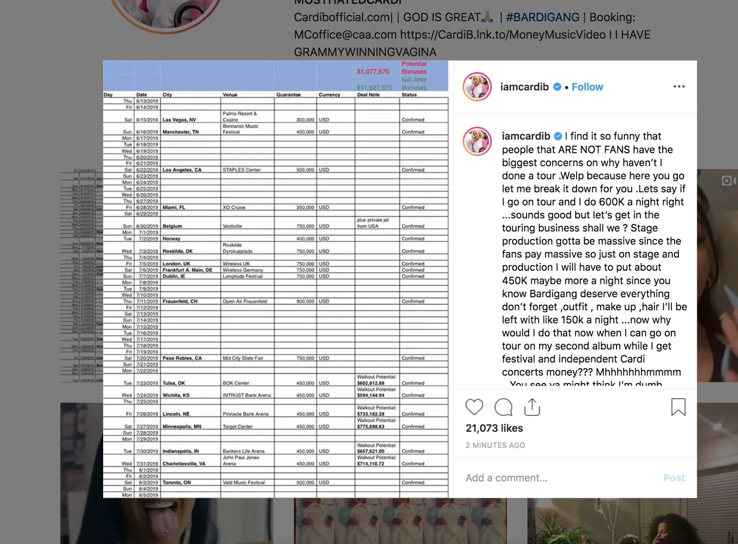 Honorarerne, som Cardi B selv har lækket i et nu slettet Instagram-opslag.