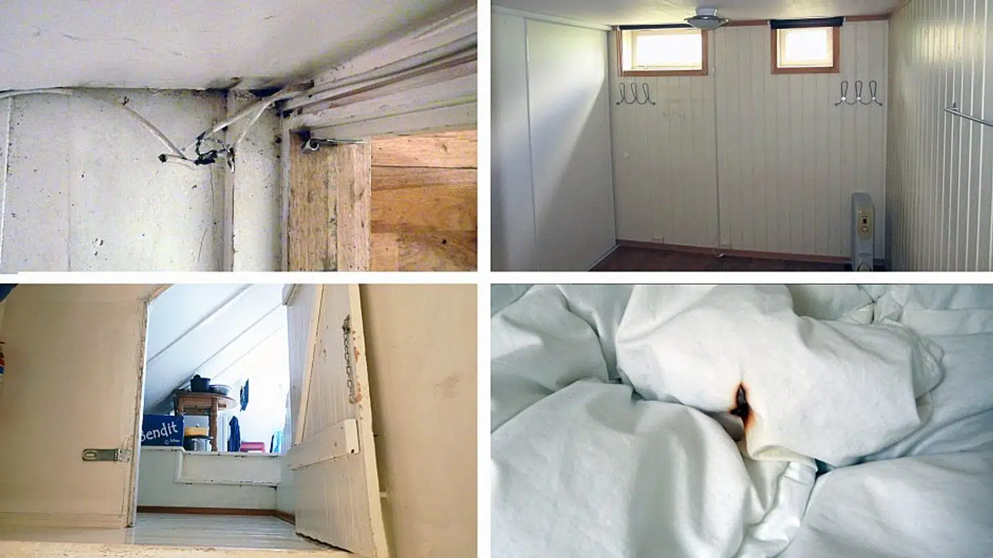 Brandinspektioner afslører ofte ulovlige boliger. Her er det et lofts- og et kælder-værelse med manglende flugtveje. Desuden billeder af at rygning i sengen og ulovlige kabler øger risikoen for brand. Foto: Oslo kommune