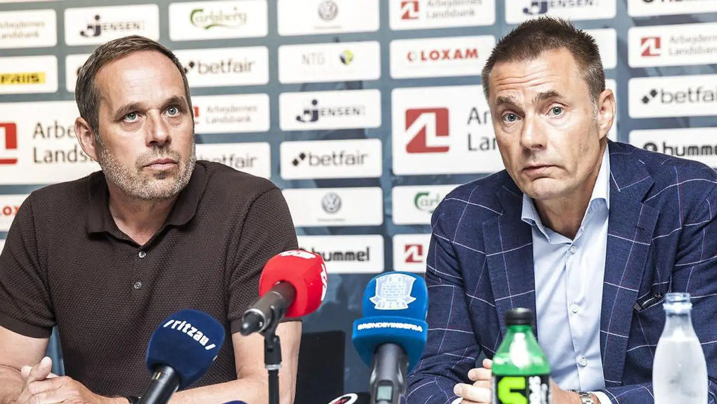 Brøndby IF's bestyrelsesformand' Jan Bech Andersen' og ny fodbolddirektør Carsten V. Jensen afholder pressemøde om superligaklubbens nye direktion, på Brøndby Stadion onsdag den 10. juli 2019. (Foto: Ólafur Steinar Rye Gestsson/Ritzau Scanpix)
