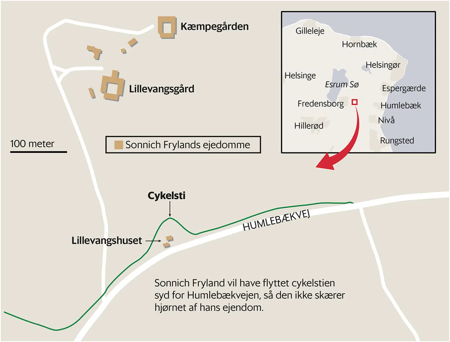 Grafikken her viser, hvordan cykelstien svinger ind på Sonnich Frydenlunds grund.