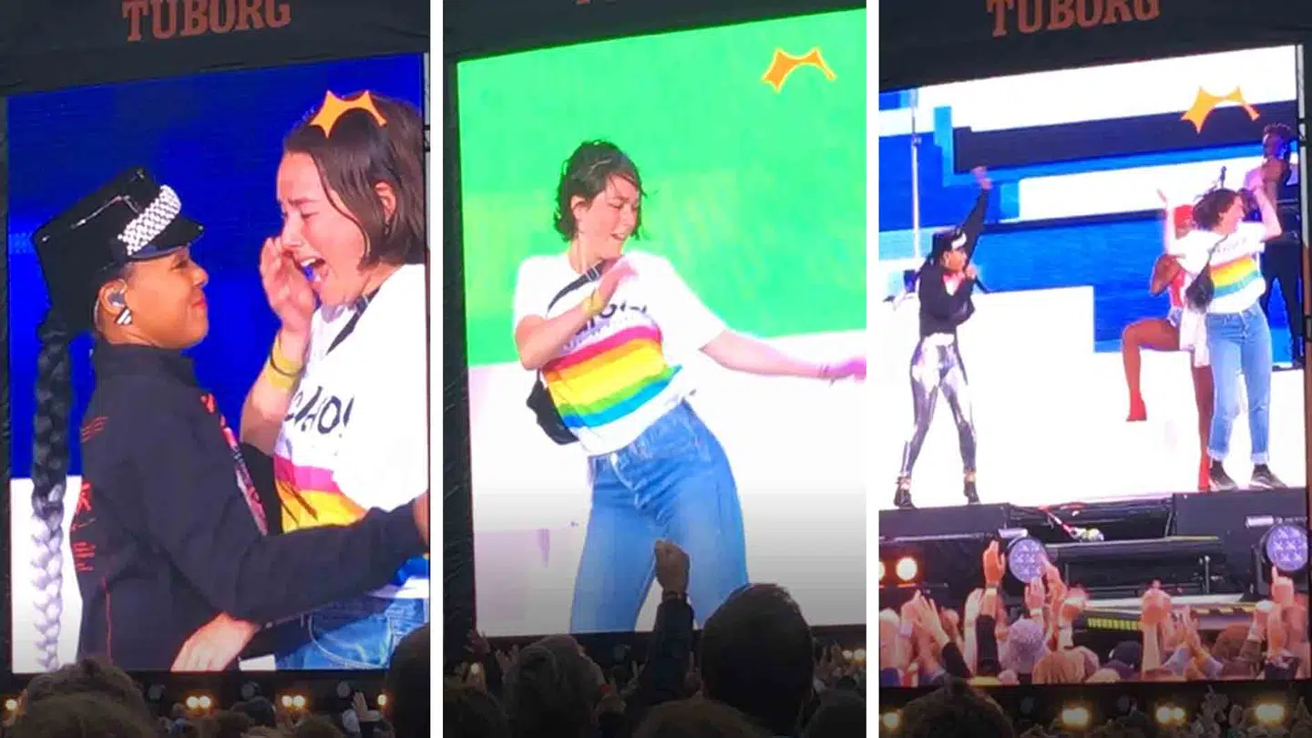 Thea Faldborg Liversage får et kram, inden hun danser for tusindvis af publikummer foran Orange.