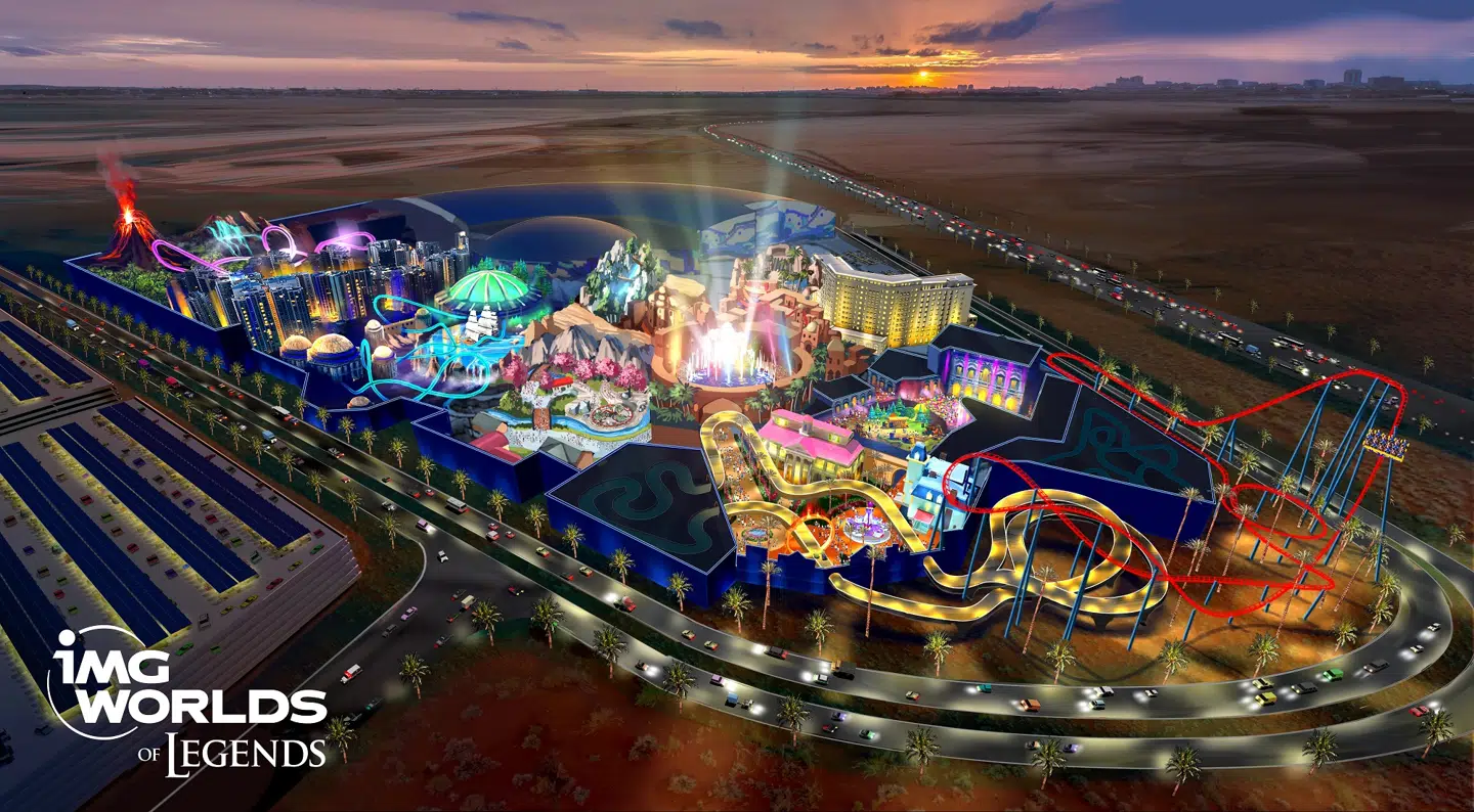 Koncepttegning af IMG Worlds of Legends I Dubai. Parken bliver den største udendørs forlystelsespark i verden.