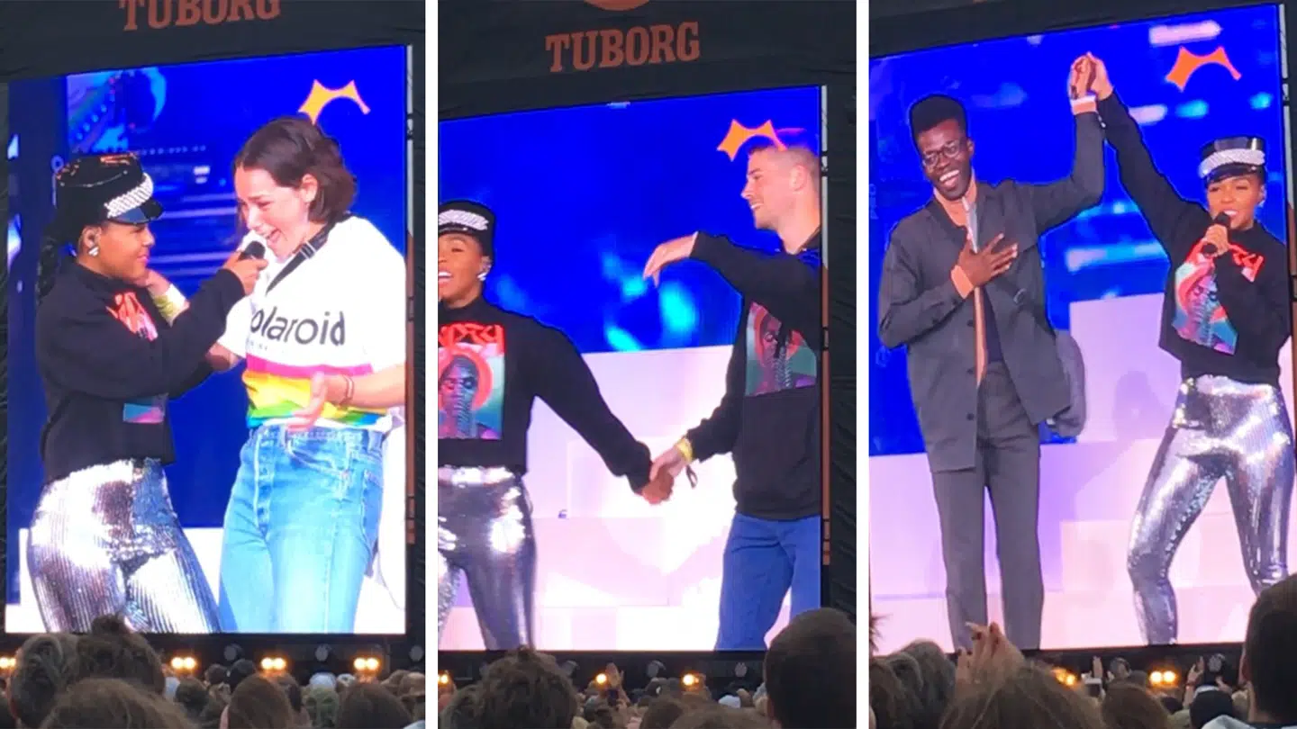 Janelle Monáe hev tre fans op på scenen for at danse for publikum.