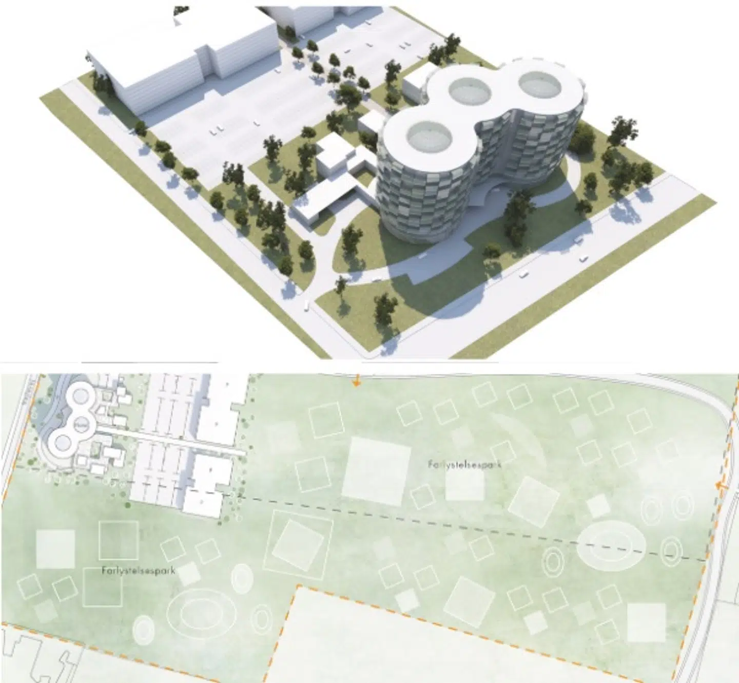 3D-tegning og plantegning over Billund Ø.