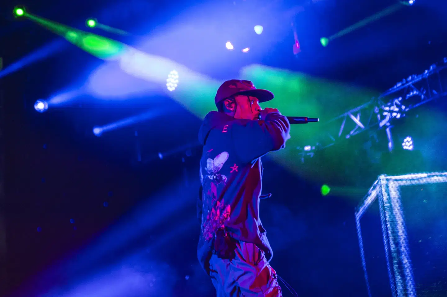 Den 28-årige amerikanske rapper Travis Scott spillede torsdagens sidste koncert på Roskilde Festival, da han klokken et natten til fredag gik på scenen på Orange Scene. Helle Arensbak/Ritzau Scanpix