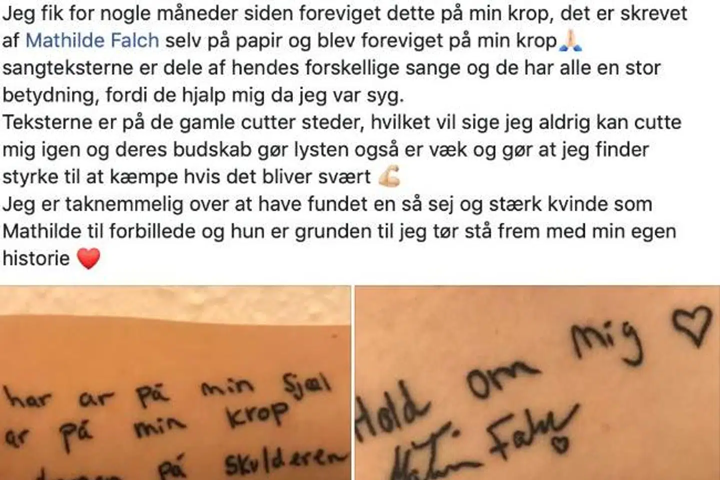 Uddrag af Facebook-opslag fra en fan, der er blevet hjulpet af Mathilde Falchs hudløst ærlige tekster.
