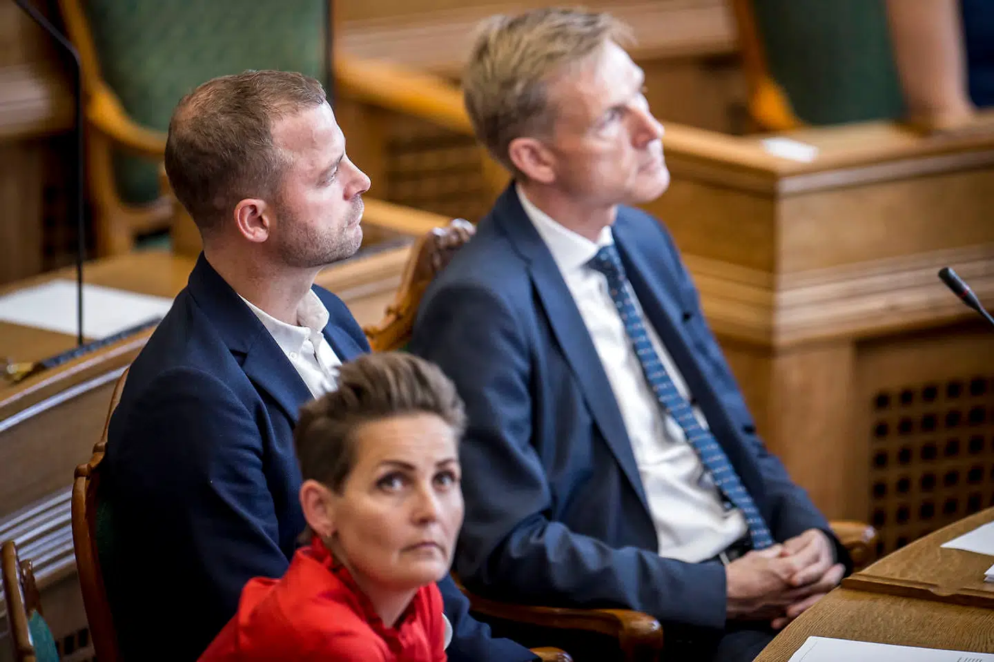 Pia Olsen Dyhr (SF), Morten Østergaard (R) og Kristian Thulesen Dahl (DF) under møde i folketingssalen, fredag den 21. juni 2019.