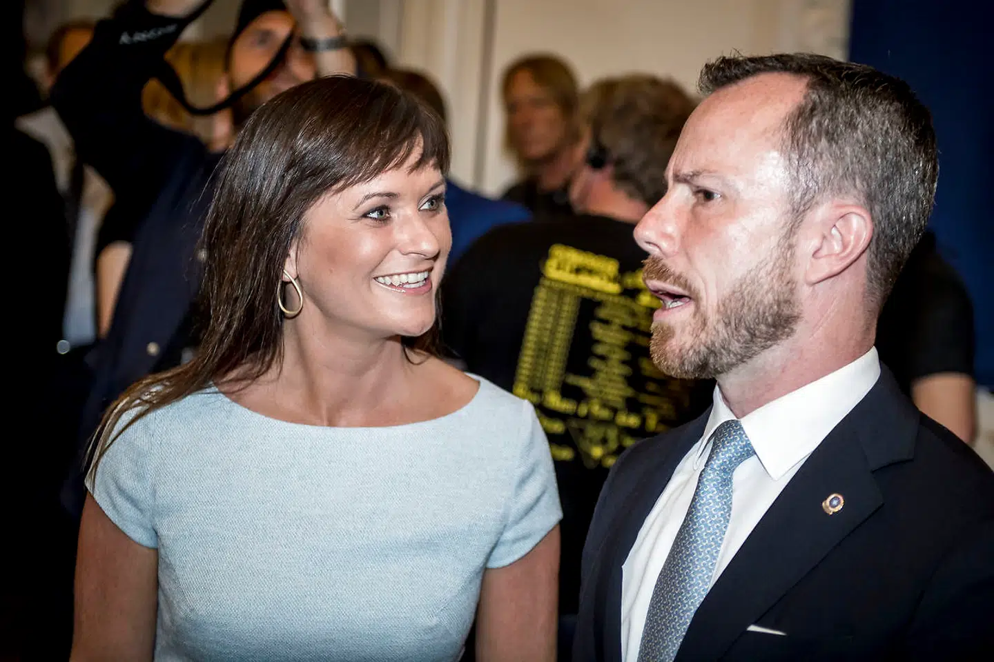 Sophie Løhde og Jakob Ellemann Jensen ved valgfesten hos Venstre i Landstingssalen på Christiansborg i København under Folketingsvalget 2019, onsdag den 5. juni 2019. Onsdag aften holder alle partier valgfest i København i forbindelse med, at der er folketingsvalg, hvor der skal vælges i alt 179 medlemmer til Folketinget.