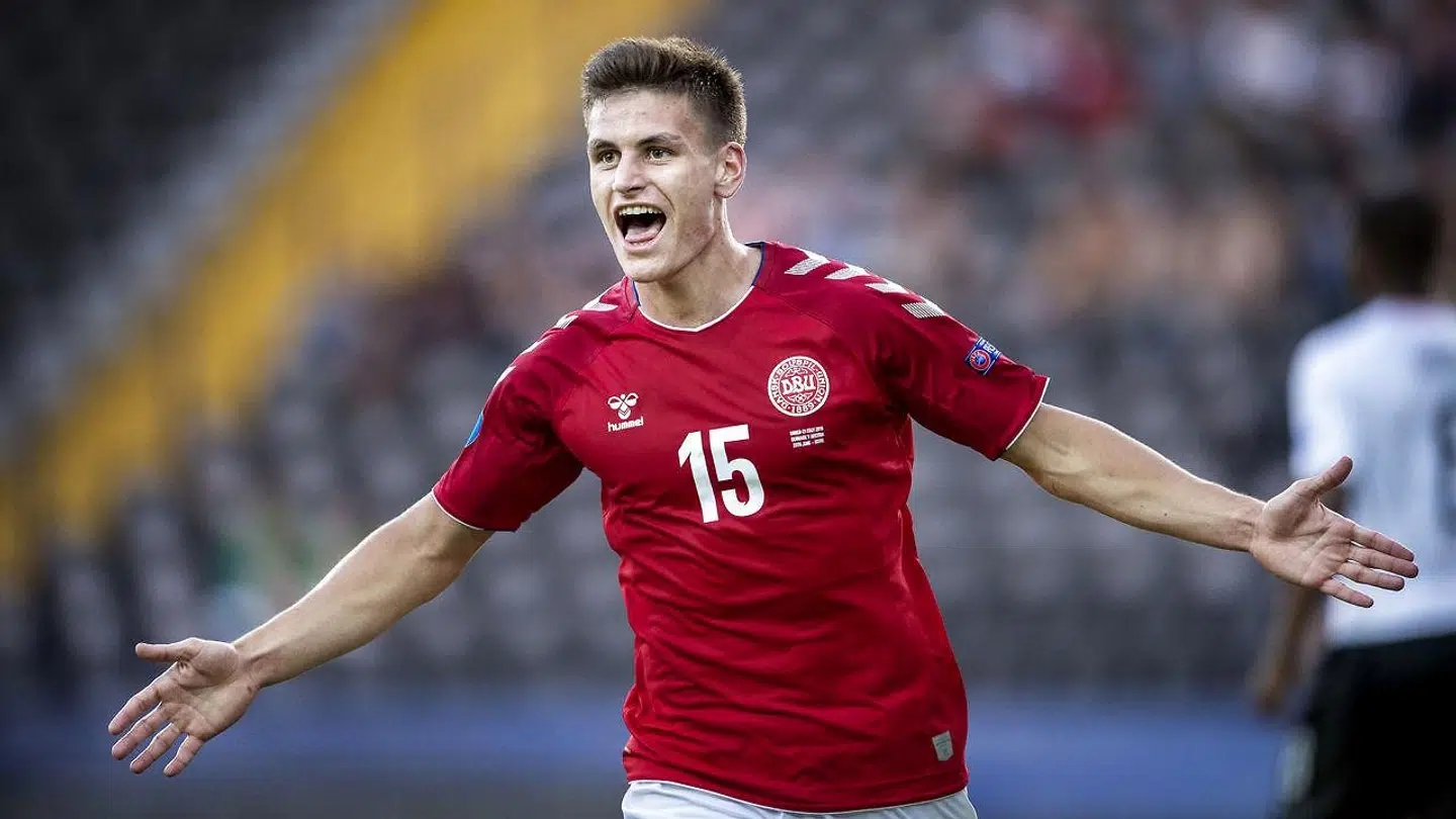 Danmarks Joakim Mæhle med sit andet mål under U-21 EM kampen mellem Danmark-Østrig på Stadio Friuli i Udine, torsdag den 20 juni 2019.. (Foto: Liselotte Sabroe/Ritzau Scanpix)