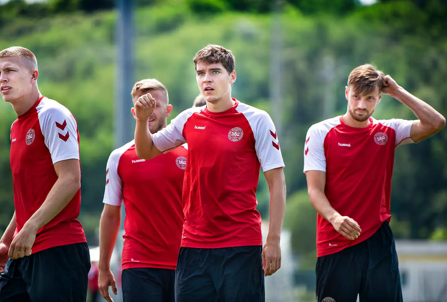 Robert Skov, Rasmus Nissen Kristensen og Asger S. Sørensen under U-21 landsholdets træning i Udine, onsdag den 19 juni 2019.