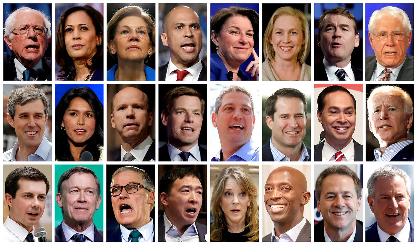 I alt 24 demokratiske kandidater kæmper om at kæmpe imod Donald Trump ved valget i 2020.Øverste række fra venstre: senator Bernie Sanders, senator Kamala Harris, senator Elizabeth Warren, senator Cory Booker, senator Amy Klobuchar, senator Kirsten Gillibrand, senator Michael Bennet og forhenværende senator Mike Gravel.Midterste række fra venstre: forhenvæende kongresmedlem Beto O'Rourke, medlemmer af Repræsentanternes Hus: Tulsi Gabbard, John Delaney, Eric Swalwell, Tim Ryan og Seth Moulton, forhenværende boligminister Julian Castro og forhenværende vicepræsident Joe Biden.Nederste række fra venstre: borgmester Pete Buttigieg, forhenværende guvernør John Hickenlooper, guvernør Jay Inslee, guvernør Andrew Yang, guvernør Marianne Williamson, borgmester Wayne Messam, guvernør Steve Bullock og endelig borgmester Bill de Blasio.