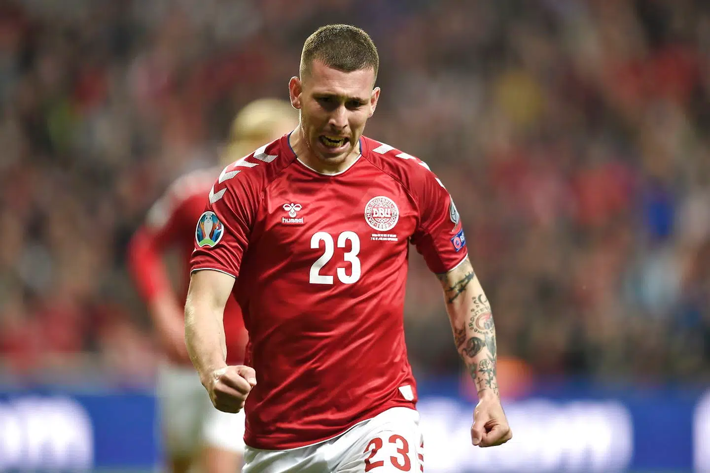Pierre-Emile Højbjerg har scoret til 1-0 i EM kvalifikationskampen mellem Danmark-Irland i Telia Parken, fredag den 7 juni 2019. (Foto: Liselotte Sabroe/Scanpix 2019)