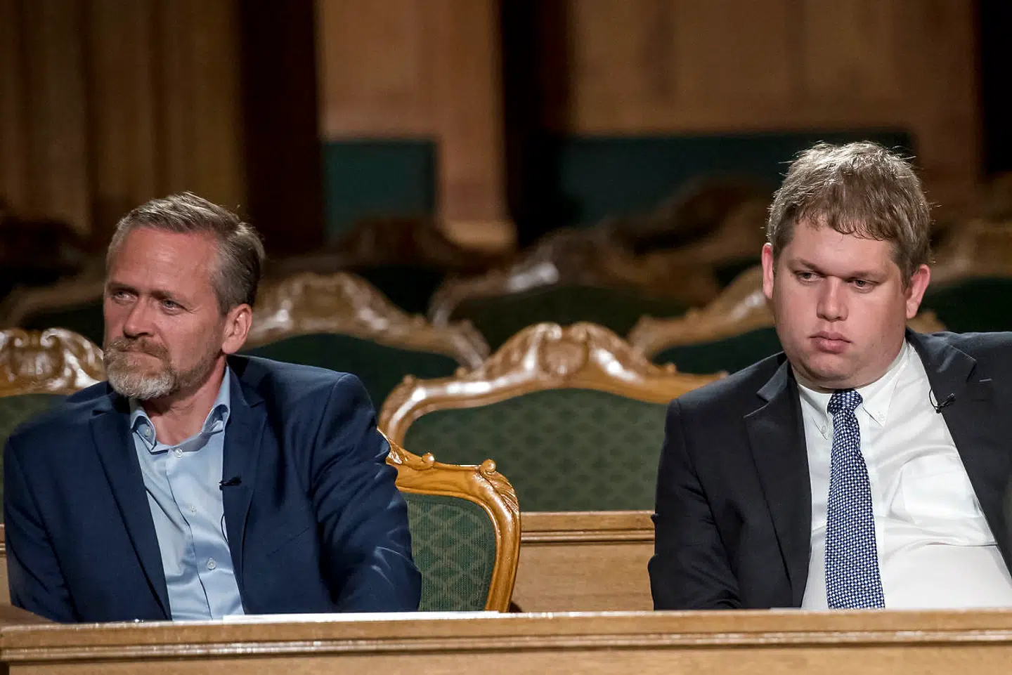 Anders Samuelsen og Rasmus Paludan under partilederdebatten på Christiansborg i København under folketingsvalget 2019, onsdag den 5. juni 2019. Onsdag aften holder alle partier valgfest i København i forbindelse med, at der er folketingsvalg, hvor der skal vælges i alt 179 medlemmer til Folketinget. Aftenen afsluttes med en partilederdebat.