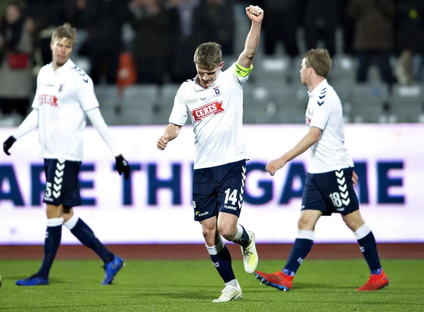 AGF's Jens Stage har scoret til 1-0 i Superligakampen mellem AGF og Vejle Boldklub på Ceres Park i Aarhus , mandag 1. april 2019.. (Foto: Henning Bagger/Ritzau Scanpix)
