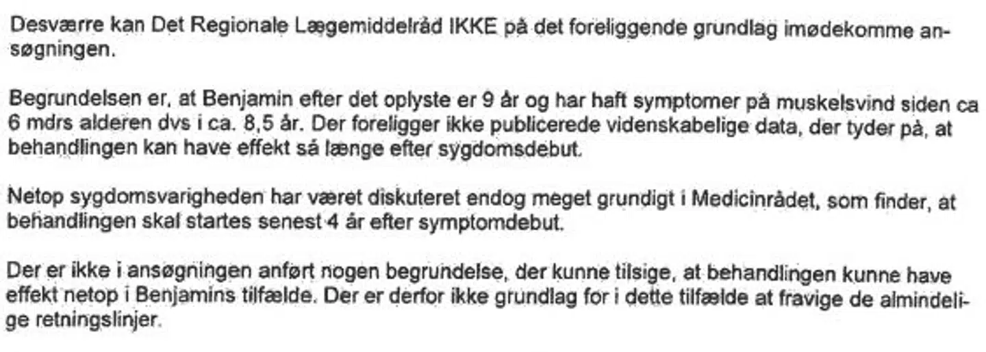 Udklip af seneste afslag til Benjamin fra Det Regionale Lægemiddelråd.